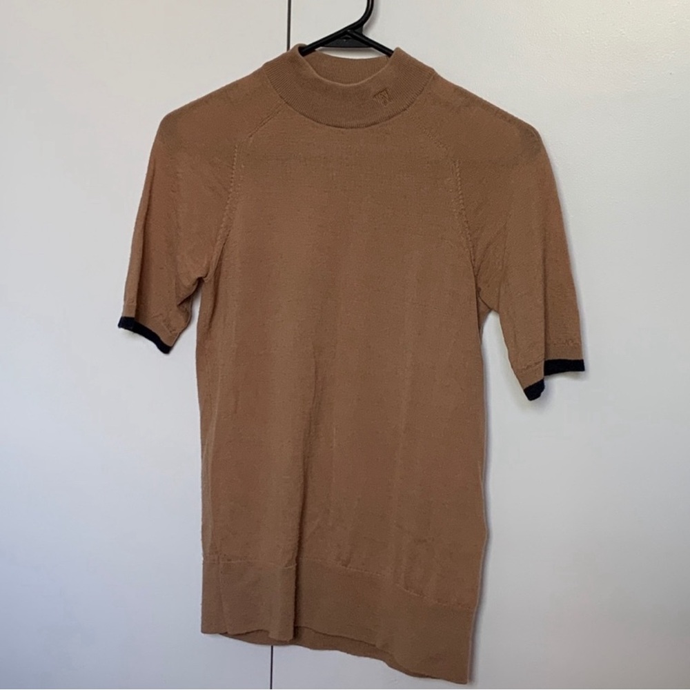 EUC Wood Wood Brown Mockneck Sweater with Black Contrast Sleeve Piping in Small